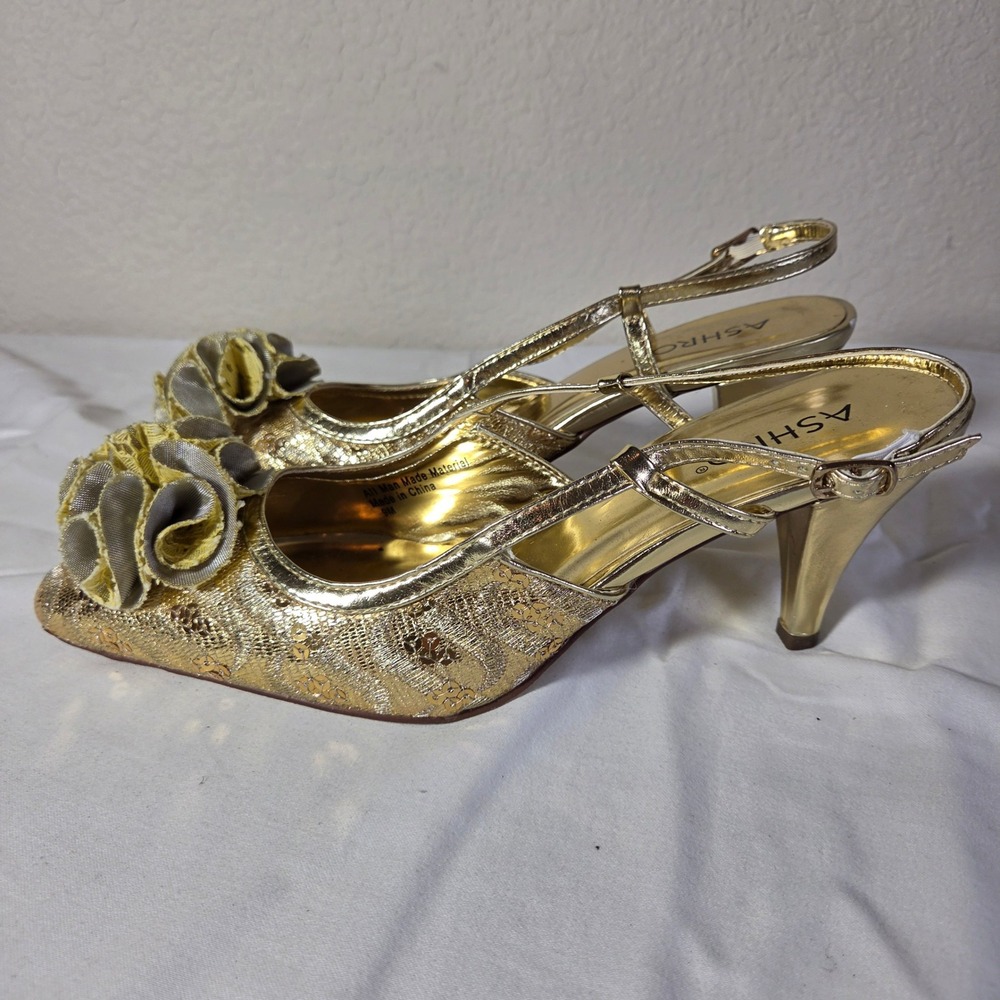 Ashro Womens Gold Metallic Sequin Rosette Slingback Peep Toe Heels Size 9M